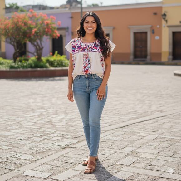 Mexican Hand embroidered bluse Size L - Picture 8 of 9